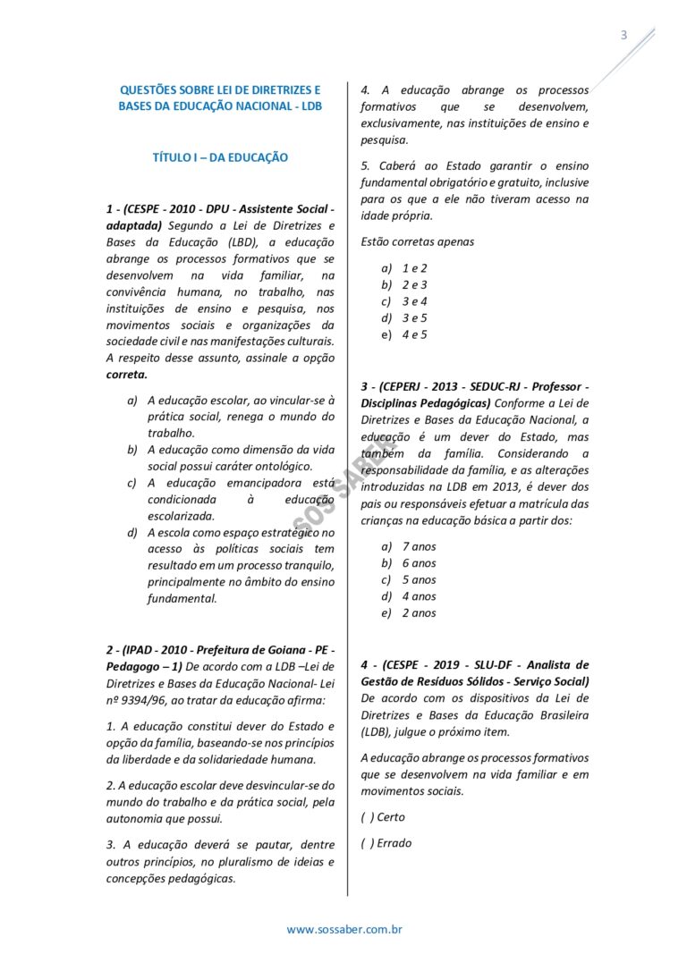 Questões LDB Para Concurso - Questões Para Concursos - SOS Saber