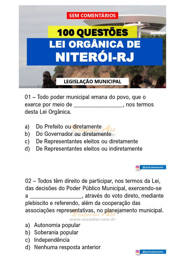 100 Questões de Lei Orgânica de Niterói-RJ - SEM COMENTÁRIOS